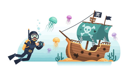 Naklejka premium Pirate ship with scuba diver and jellyfish underwater scene