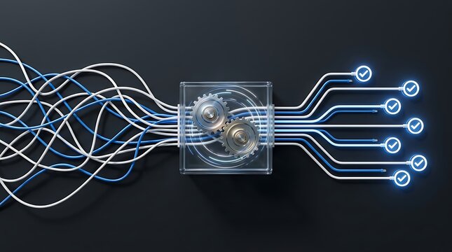 Data processing and organization concept showing messy tangled lines being processed by gears into neat orderly connections with glowing checkmarks