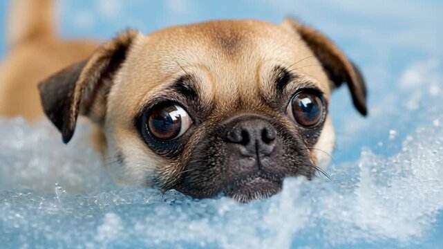 A close-up shot of a cute pug dog relaxing in a blue bathtub filled with bubbly soapy water.