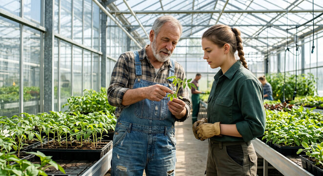 Senior farmer mentoring young agricultural worker in modern greenhouse.