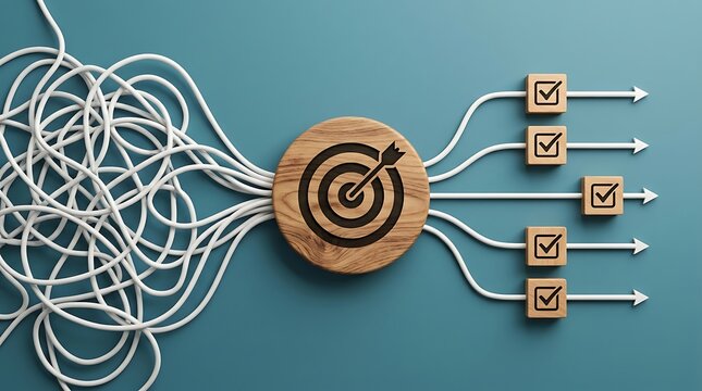 Business strategy and goal achievement concept transforming chaotic tangled wires into organized successful solutions with target and checkmarks