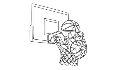 Continuous line art of basketball going through hoop, minimalist backboard net vector illustration, sports graphic concept for corporate logo design © Sakill_Pro