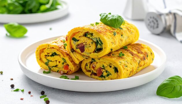 Sliced herb omelet rolls served on white ceramic plate.
