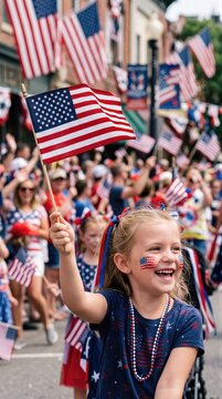 Happy girl holding American flag at Independence Day parade. Child celebrating USA holiday in crowd with flag decorations. Patriotic event with joyful people enjoying city street festival.