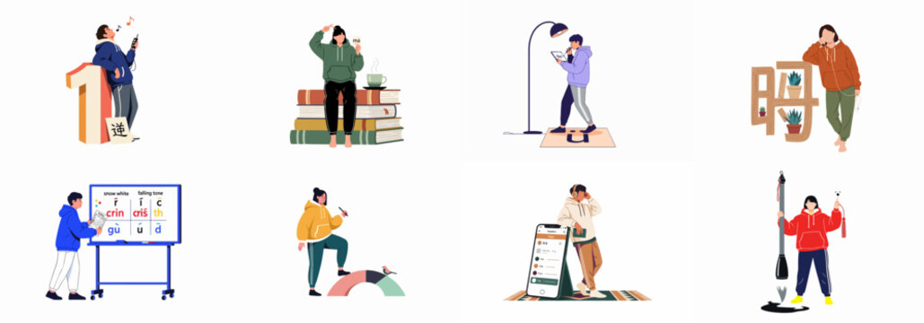 Illustrations of people studying Mandarin Chinese through various modern methods, including apps, flashcards, listening exercises, and traditional calligraphy.