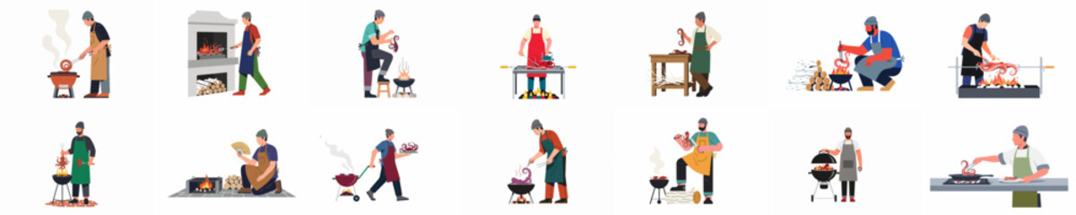 Set of flat vector illustrations featuring various male chefs and cooks grilling, preparing, and serving octopus over open fire and charcoal. © Isabella