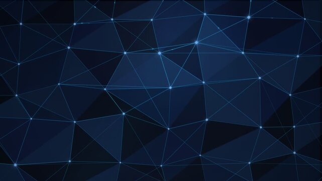 Dark geometric mesh with interconnected blue nodes and lines, abstract triangular grid pattern, network connectivity, abstract data visualization template.