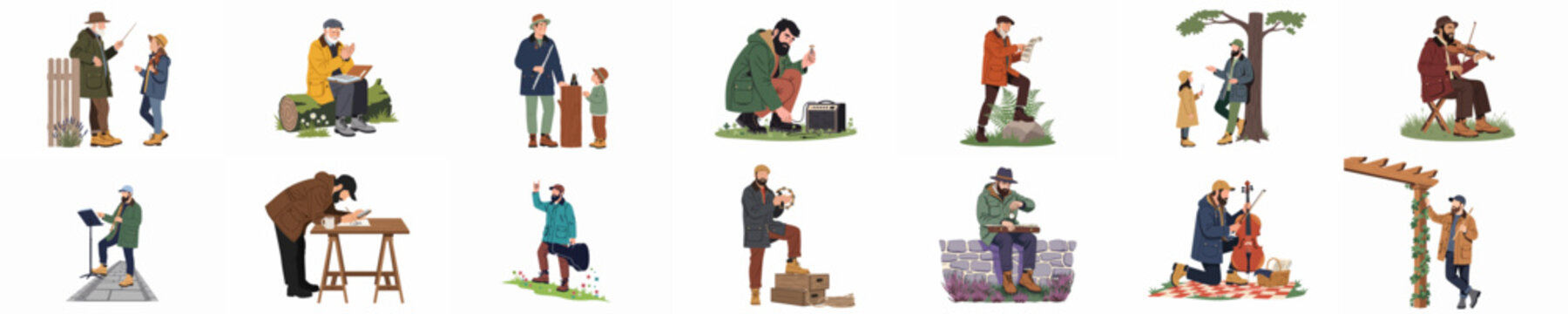Collection of flat vector illustrations featuring men and children engaged in various musical and creative activities in outdoor nature settings.