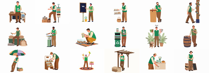 Collection of eighteen character illustrations depicting a man engaged in sustainable agriculture, insect protein farming, local market sales, and eco-friendly business practices. © yuki