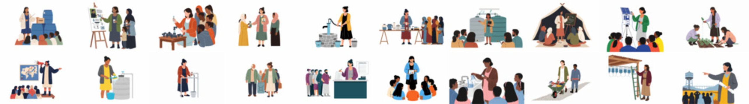 Illustrations of humanitarian aid and education focused on water access, purification, sanitation, plumbing, and community development in diverse, underserved regions.