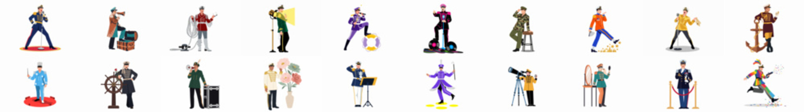 Large Collection of Diverse Men in Theatrical Military and Nautical Uniforms Featuring Creative Props and Artistic Queer-Themed Poses for Performance and Design.