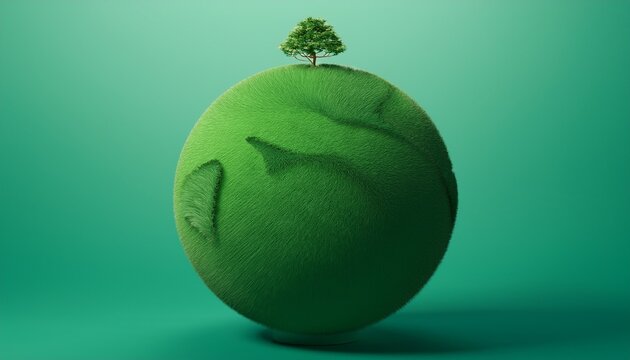 minimalist 3d rendered mini green planet with small tree