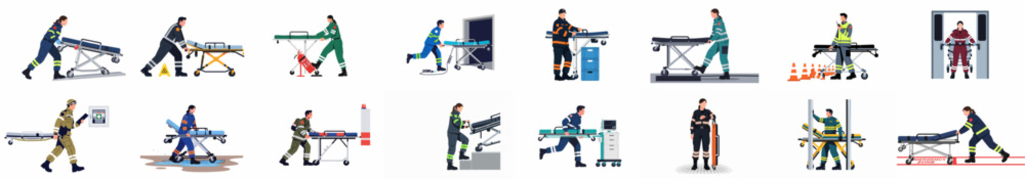 Comprehensive set of flat vector illustrations featuring paramedics and emergency medical technicians moving hospital stretchers during various rescue and medical emergency scenarios.