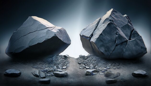 two large grey stones are fractured and separated in dark dramatic lighting loose rubble lies at the base of the rocks abstract concept for geopolitical division or breakdown