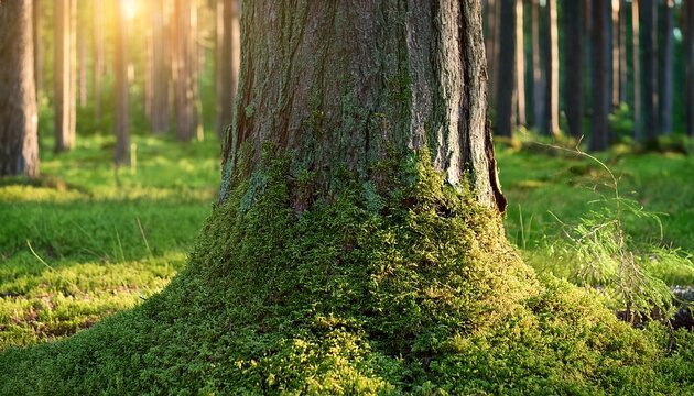 close up of an old pine tree trunk covered with green moss in summer forest