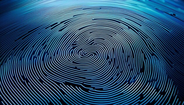 abstract blue fingerprint pattern with metallic texture concentric lines form unique biometric identity digital tech background for security and data privacy concepts