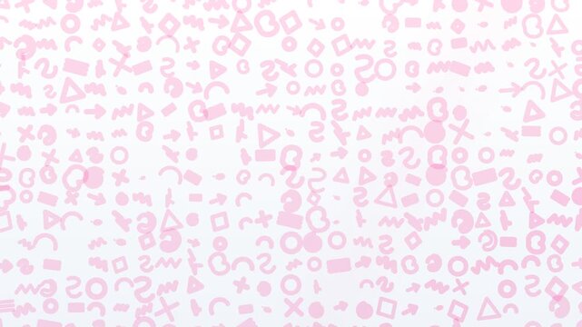 Pink abstract pattern featuring scattered geometric shapes, wavy lines, crosses, circles, and triangles on a white field for modern design and branding projects.