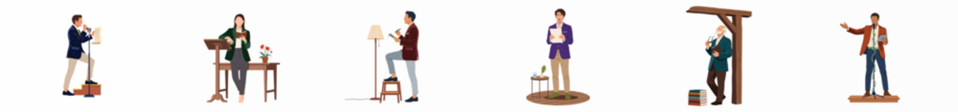 Collection of diverse people engaged in public speaking, poetry reading, lecturing, and literary performances in various settings, flat illustration style.