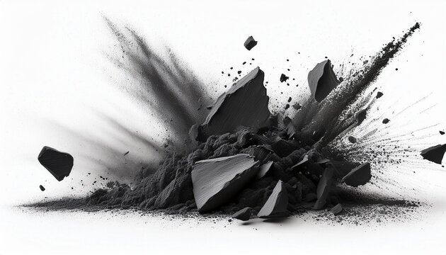 black chalk pieces and dust flying effect explode isolated on white