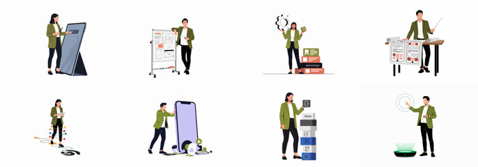 Obraz premium Professional Flat Character Illustrations Set Featuring People Working on Mobile App Development, UI/UX Design, and Modern Software Technology Solutions