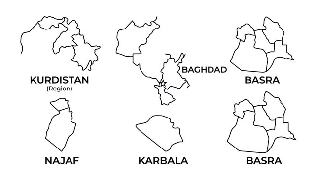 Map outlines of Iraqi regions: Kurdistan, Baghdad, Basra, Najaf, Karbala