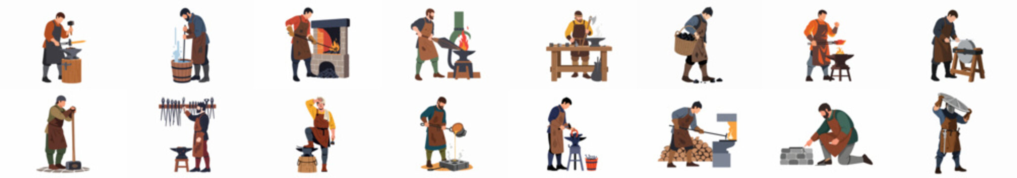Collection of historical blacksmith characters and metalworking scenes including forging, hammering, quenching, and tool sharpening in a flat vector illustration style.