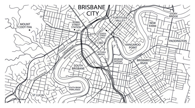Brisbane City Map Line Art - Aerial View of Urban Landscape and River