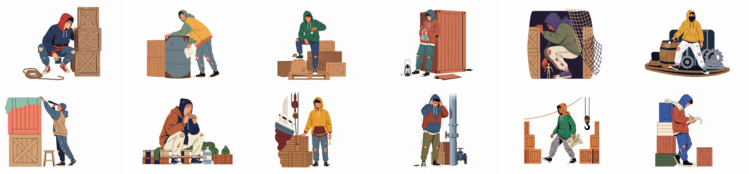 Illustration set of young men in various survival scenarios, depicting themes of homelessness, refugees, and illegal immigration in an industrial port environment.