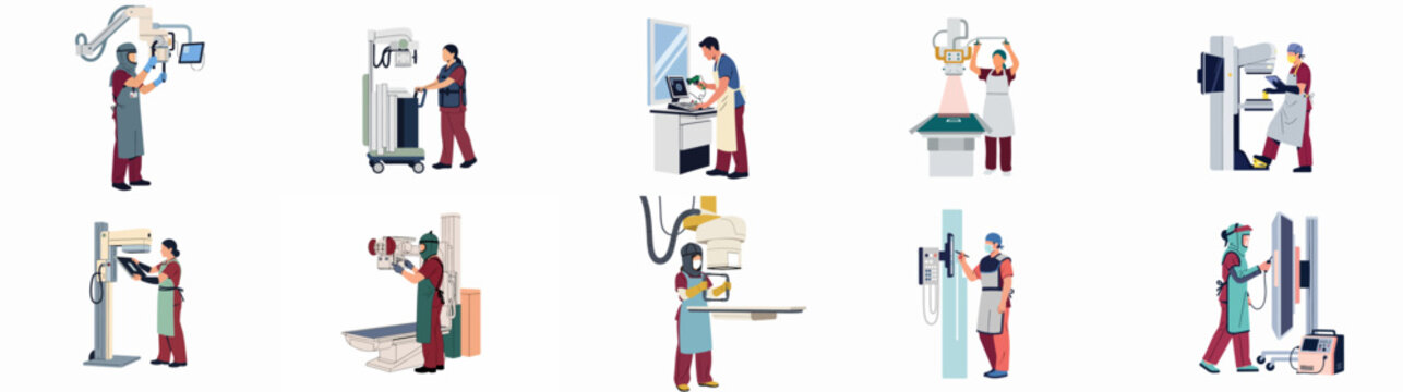 Flat vector illustrations of radiology technicians operating various medical diagnostic imaging machines and X-ray equipment in a clinical setting.