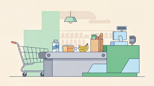 grocery store design, a minimalist grocery checkout area featuring a conveyor belt with various items