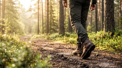 Close Up of Hiking Boots Walking on a Scenic Dirt Trail Through a Sunlit Forest © visualnomad