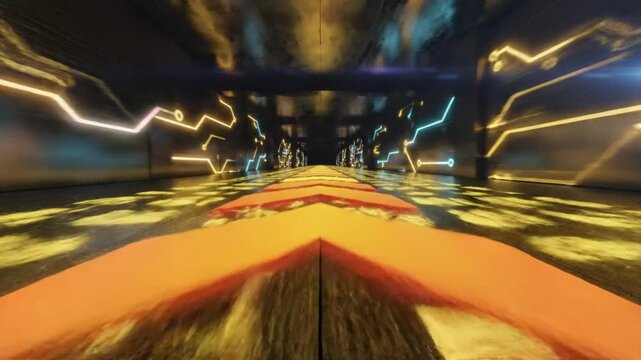 Futuristic tunnel with glowing circuit board pattern and directional arrow showcasing technology.