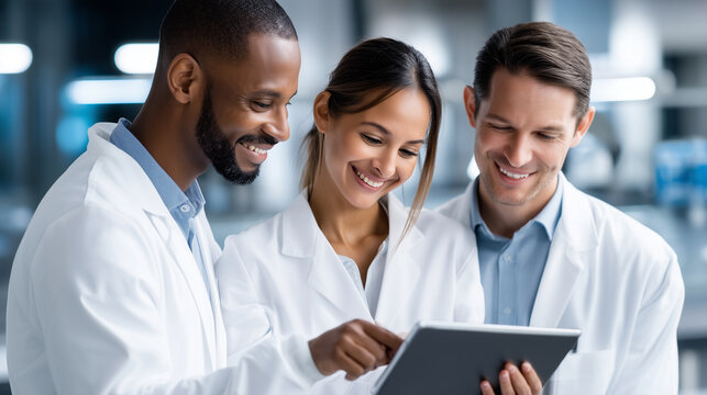 Diverse laboratory scientists smiling while discussing research results on tablet, professional medical team in white coats working together in high-tech lab, clinical diagnostics,