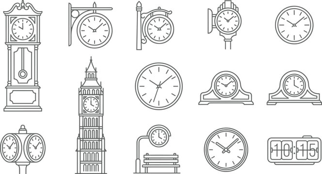 Assorted clock including grandfather clocks, big ben, street clocks, and digital clocks in a minimalist black and white line style