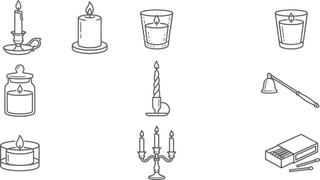 Collection of linear featuring various candles, candle holders, snuffers, and matchboxes on a clean white background, surface area