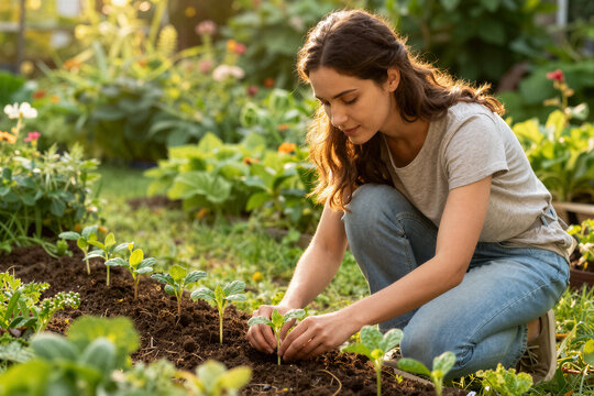 Young woman planting seedlings in home vegetable garden