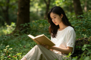 Fototapeta premium Young woman reading book while seated in forest clearing