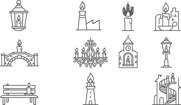 Set of line depicting candles integrated with various architectural structures like bridges, towers, buildings, and street lamps