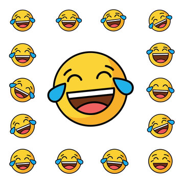 Collection of laughing crying emojis on white background.