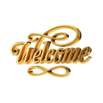 Highly detailed, volumetric 3d 'welcome' typography in brilliant polished 24k gold calligraphic script, isolated on a transparent studio background. Concept of premium luxury greeting and