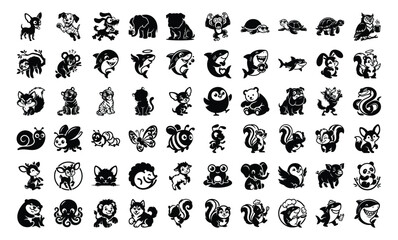 Obraz premium Big Set of 60 cute animal icons and cartoon characters in black and white style for design projects isolated on white background