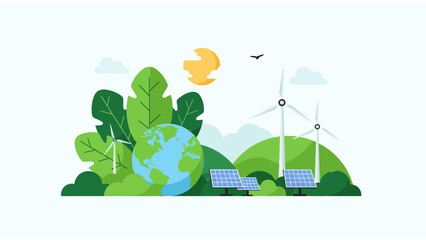 Fototapeta premium Sustainable Energy Flat Vector Illustration with Solar Panels and Wind Turbines