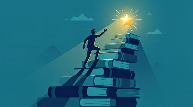 mentorship journey, a silhouette ascends a staircase of books towards a glowing star, symbolizing growth