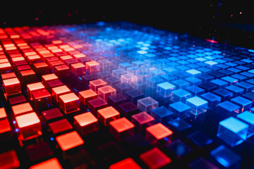Obraz premium A futuristic 3D grid of glowing red and blue cubes, representing digital data and technology.