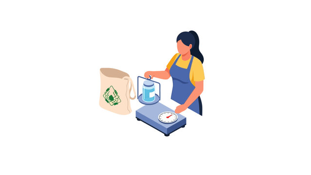 Woman weighing glass jar at zero waste store with reusable bag, isometric illustration