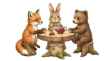 Naklejka premium Fox rabbit and bear sitting at wooden table drinking tea. Cute forest animals having party in woodland. Children book illustration style featuring friendly forest creatures character.