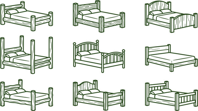 Collection of nine wooden bed frame featuring various headboard styles and rustic presented in a clean line