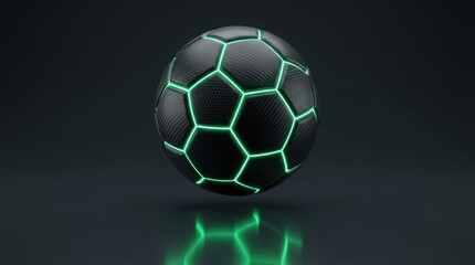 Naklejka premium Carbon fiber soccer ball with glowing green lines. Futuristic sports equipment for professional game and training. Modern aesthetic visualization of neon technology in athletic competition.