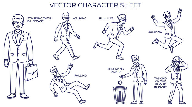 Vector character sheet of businessman in suit showing various poses and actions isolated.