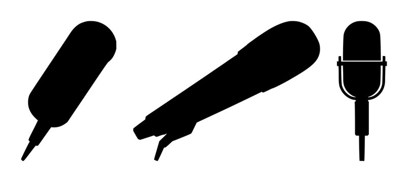 Solid black icon, white background: voice command microphone silhouette set with simple line art design featuring line art, illustrations, graphic resources with vector and design elements